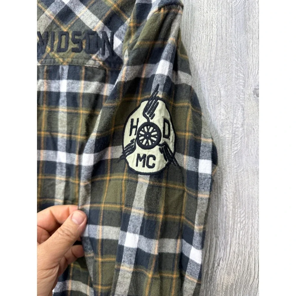 Harley-Davidson Mens Plaid Flannel Shirt Olive Green Long Sleeve Button Up Med